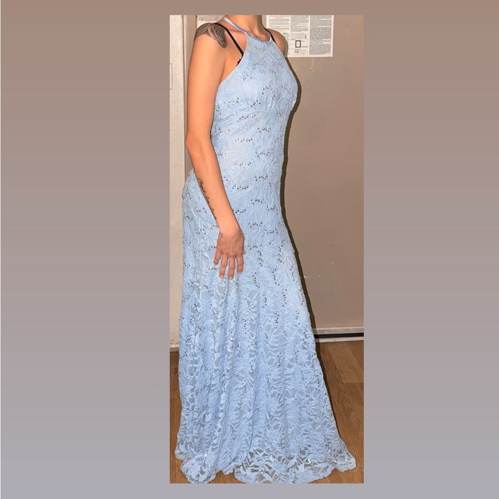 B Darlin Light Blue Lace Maxi Dress